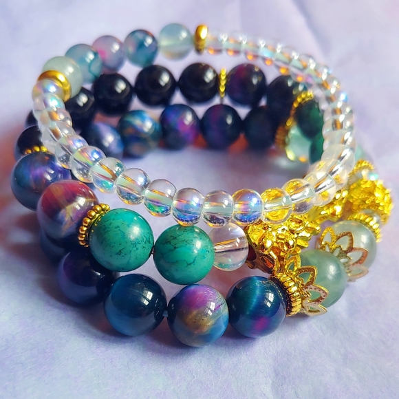 Galaxy tiger's eye crystal onyx bracelets stack - Picture 3 of 5